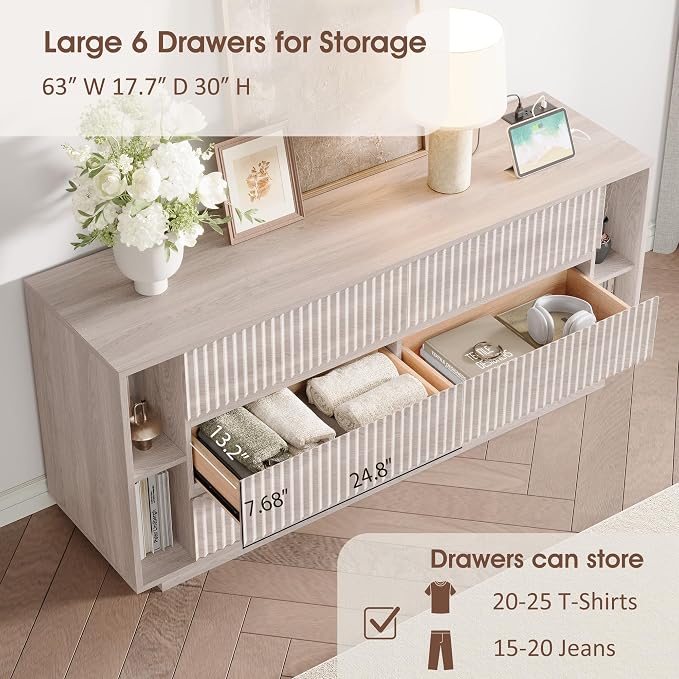 Whalefall 63 Inch Fluted 6 Drawers Dresser with Shelves, White Alder | Large Chest of Drawers for Bedroom, Mid Century Modern, Wood Closet Storage Organizer, Pedestal TV Stand for Living Room