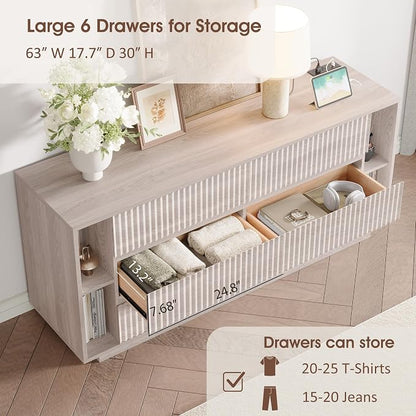 Whalefall 63 Inch Fluted 6 Drawers Dresser with Shelves, White Alder | Large Chest of Drawers for Bedroom, Mid Century Modern, Wood Closet Storage Organizer, Pedestal TV Stand for Living Room