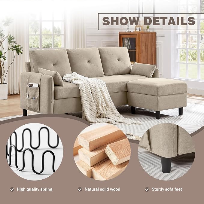 Convertible L-Shaped Sectional Sofa, 3-Seat Sofa Couches with Storage Ottoman & 2 Pillows and Side Storage Pockage, Small Modern Couch for Living Room, Apartment and Office, Beige