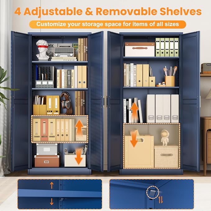 71" Metal Pantry Cabinet,Storage Cabinet with Doors and Shelves | Metal Storage Cabinet,Gold Handles,Adjustable Shelves,Magnetic Doors,Leveling Feet,Anti-tipping,for Kitchen/Garage Blue