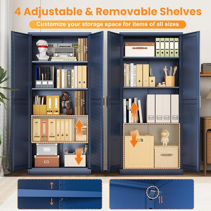 71" Metal Pantry Cabinet,Storage Cabinet with Doors and Shelves | Metal Storage Cabinet,Gold Handles,Adjustable Shelves,Magnetic Doors,Leveling Feet,Anti-tipping,for Kitchen/Garage Blue