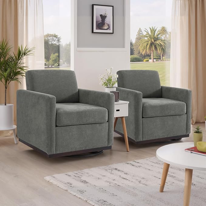 360° Swivel Accent Chairs Set of 2, 31" Wide Upholstered Club Armchairs for Living Room, Comfy Square Swivel Barrel Chair with Metal Base, Chenille Fabric, Dark Gray