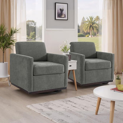 360° Swivel Accent Chairs Set of 2, 31" Wide Upholstered Club Armchairs for Living Room, Comfy Square Swivel Barrel Chair with Metal Base, Chenille Fabric, Dark Gray