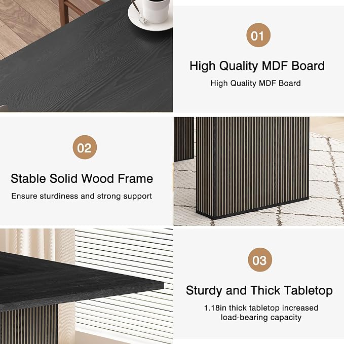 78 Inch Dining Table for 6 8 10, Modern Farmhouse Rectangular Kitchen Table, Dining Room Long Tables with Wood Strip Base for Kitchen Living Room (Black)