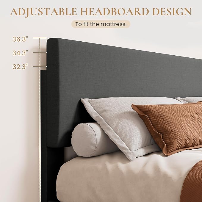 SHA CERLIN Linen Upholstered Queen Size Bed Frame with Headboard, Dark Gray | Adjustable Low-Profile Platform Bed, Minimalist Design, Stable Mattress Foundation, Strong Back-Support, No Box Spring Needed