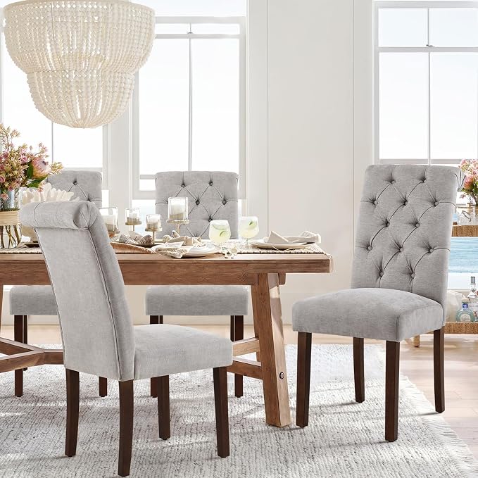 COLAMY Button Tufted Dining Chairs Set of 4, Parsons Upholstered Fabric Dining Room Chairs Kitchen Chairs with Wood Legs and Padded Seat, Light Grey