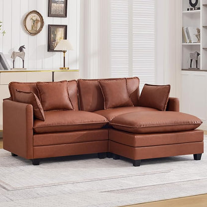 76'' Cloud Deep Seat Loveseat Sofa, Upholstered Leather Modular 2-Seats Sectional Sofa Couch with Movable Ottoman, Modern Comfy Settee Loveseat for Living Room Set, Small Apartment,Leather Brown