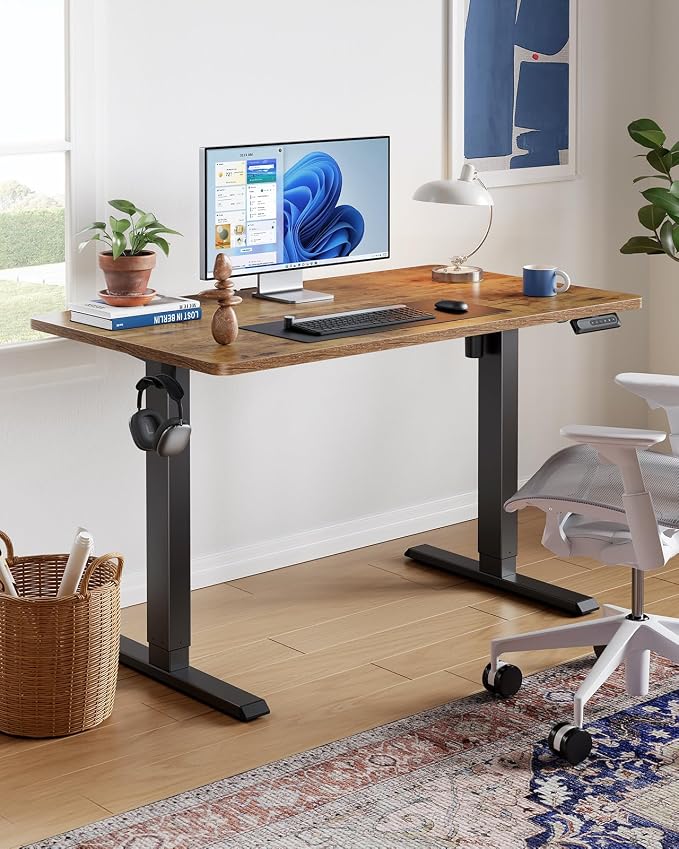 HUANUO Electric Standing Desk,53" x 28" Height Adjustable Desk, 4 Memory Height Settings, Sit to Stand Up Desk for Home Office, with Headphone Hook, Cable Manager, Brown