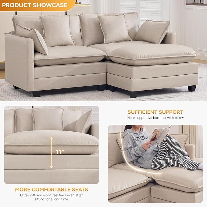 76'' Cloud Deep Seat Loveseat Sofa, Upholstered Leather Modular 2-Seats Sectional Sofa Couch with Movable Ottoman, Modern Comfy Settee Loveseat for Living Room Set, Small Apartment, Leather Beige