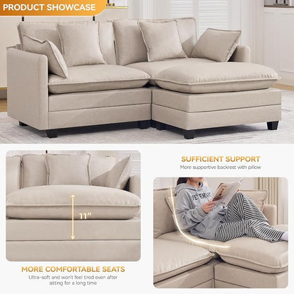 76'' Cloud Deep Seat Loveseat Sofa, Upholstered Leather Modular 2-Seats Sectional Sofa Couch with Movable Ottoman, Modern Comfy Settee Loveseat for Living Room Set, Small Apartment, Leather Beige