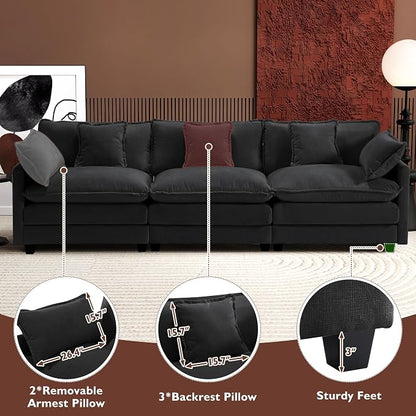 Ihanherry 111.4 Inch 3-Seater Cloud Sofa, Modular Sectional Couch, Modern Deep Seat Sofa for Living Room, Comfy Double Layer Upholstered Seat Cushion, Breathable Chenille Fabric, Black