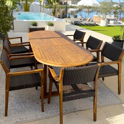 PHI VILLA Outdoor Dining Set for 8, Expandable Acacia Wood Table & Chairs | 9pc teak patio furniture set. Large farmhouse set for deck, porch, backyard