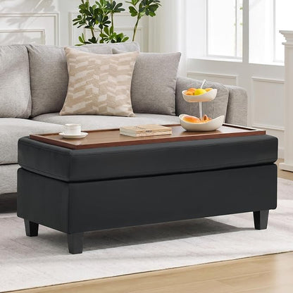WUTUTUEE 45" Faux Leather Storage Ottoman Bench with Wooden Tray, Black Large Upholstered Foot Stool, Multifunctional Coffee Table Storage Bench with Solid Wood Legs for Living Room Bedroom Entryway