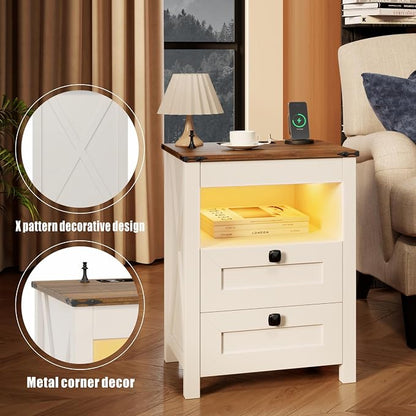 TAGELIER Night Stand Set 2 with Gun Drawer, Farmhouse Bedside Table with Charging Station, Gun Nightstand with LED Light & Human Sensor, Smart End Table for Bedroom, Antique White
