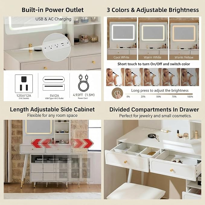 4 Pieces Full Bedroom Set, Modern PU Fabric Metal Bed Frame with Charging Port, LED Light& Adjustable Headboard, Retractable Dressing Table with Mirror& Light, 2 Nightstands with Charge