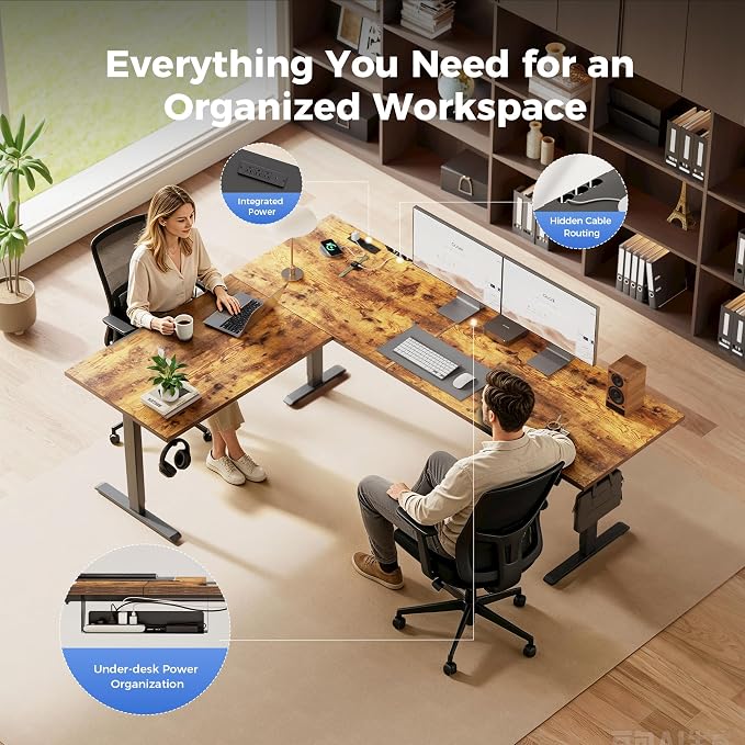 Agilestic Electric L Shaped Standing Desk 75 x 61 Inch with Power Outlet, Height Adjustable Corner Stand up Desk with Cable Management,Sit Stand Home Office Workstation with Splice Board, Rustic Brown