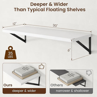 Axeman 12 Inch Deep Floating Shelves 30 Inches Long Set of 2 | 30'' x 12'' Rustic White Wood Shelves for Wall, Extra Deep Wall Shelves for Living Room Bathroom Kitchen