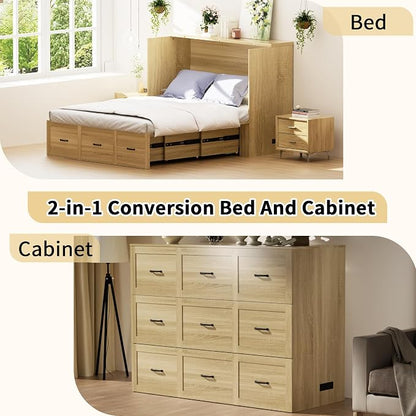 Full Size Murphy Bed with Charging Station and Drawer Farmhouse Cabinet Bed Wood Space-Saving Hidden Folding Platform Bed Chest for Home Office Bedroom Guest Room Apartment,Natural