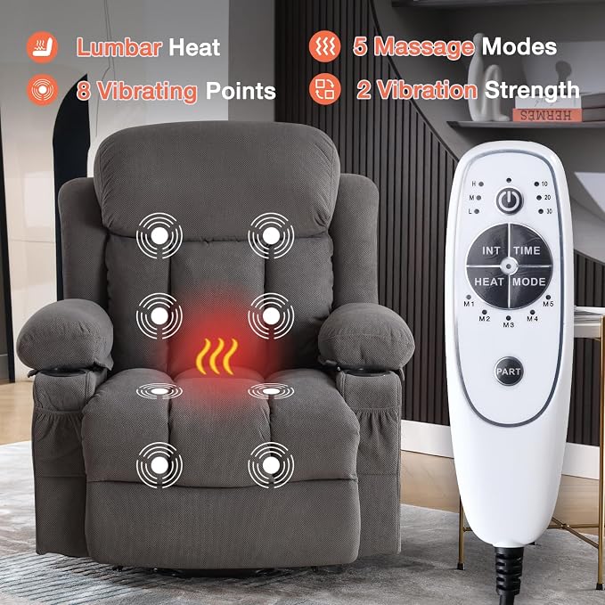 MAHOMICO Power Lift Recliner Chair for Elderly with Vibration Massage and Lumbar Heating, Electric Lift Recliner Single Sofa with Side Pocket, Two Cup Holders and USB Charge Port for Living Room