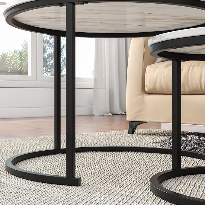 HOJINLINERO Round Coffee Table,Nesting Coffee Table Set of 2,Center Tables for Living Room,Office, Home Small Space,Stacking Side Tables,Sturdy and Easy Assembly,Wood Desktop,Black+White,Large