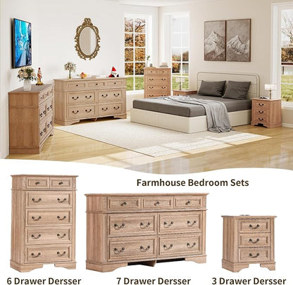 ENOUSHUFarmhouse Dresser and Nightstand Sets, 6-Drawer with 7 Drawer Dresser & 3 Drawer Nightstand Sets, 3 Pieces Rustic Wood Bedroom Furniture Set for Home, Bedroom, Hallway（Natural）
