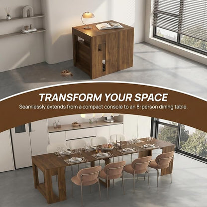 Extendable Foldable Dining Room Table for 1-12 People, Wood Multifunctional Rectangle Expandable Console Kitchen Living Meeting Room Furniture, Walnut