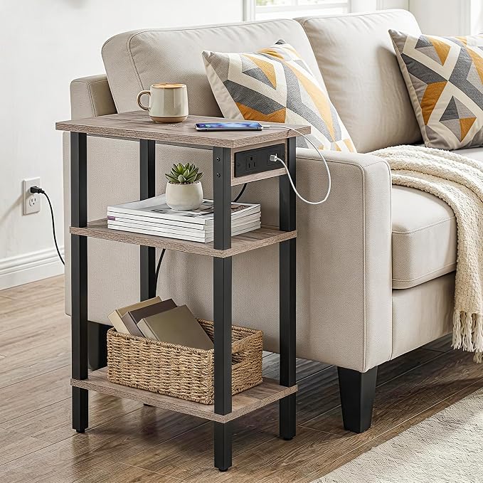 HOOBRO Narrow Side Table, 3-Tier Slim End Table with Charging Station, Skinny Nightstand with Open Storage, for Small Spaces, Living Room, Bedroom, Study, Rustic Brown and Black BG340UBZ01