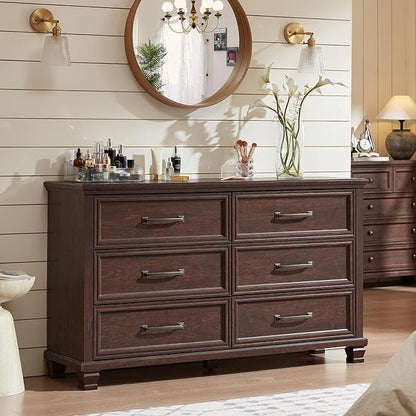 SAVOR LIFE Farmhouse Dresser and Nightstand Sets of 4 Piece, 5/6 Drawer Dresser and 2 Drawer Nightstand Set, Rustic Wood Bedroom Furniture Set for Home, Hallway,Walnut