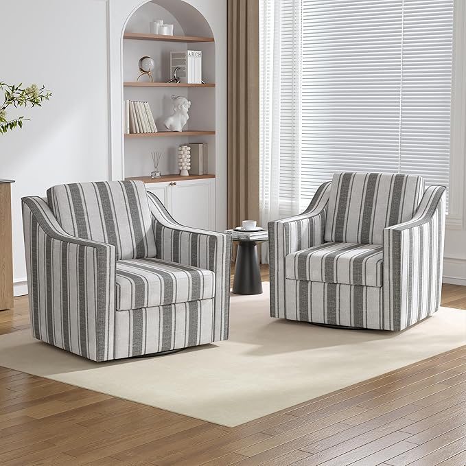 Swivel Accent Chairs Set of 2, 360° Swivel Upholstered Club Armchairs for Living Room, Comfy Fabric Single Sofa Reading Chair with Deep Seat, Metal Swivel Base, Gray Stripe