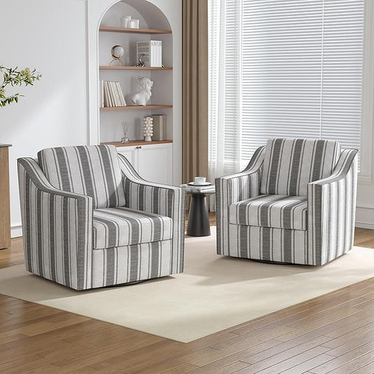 Swivel Accent Chairs Set of 2, 360° Swivel Upholstered Club Armchairs for Living Room, Comfy Fabric Single Sofa Reading Chair with Deep Seat, Metal Swivel Base, Gray Stripe
