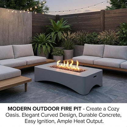 56" Propane Fire Pit Table, 50,000 BTU Rectangular Outdoor Gas Fire Pit, Concrete Patio Fire Table with Tank Seat, Lava Rocks & Waterproof Cover for Backyard Deck, Light Grey