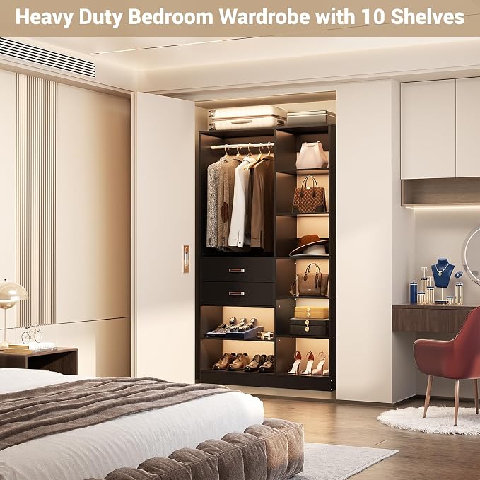 Armocity Freestanding Closet System, 40 Inches Stand-Alone Wardrobe with 10 Shelves, 80'' Height Adjustable Cloth Garment Rack with 2 Wood Drawers, Wood Walk-in Closet with Hanging Rod, Black