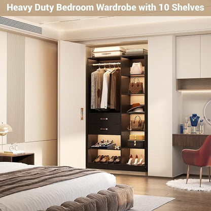 Armocity Freestanding Closet System, 40 Inches Stand-Alone Wardrobe with 10 Shelves, 80'' Height Adjustable Cloth Garment Rack with 2 Wood Drawers, Wood Walk-in Closet with Hanging Rod, Black