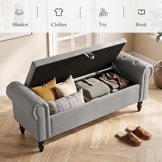 Furniliving 55” End of Bed Bench, Bedroom Bench with Button-Tufted, Large Upholstered Storage Ottoman Entryway Bench with Storage Shoe Cabinet Bench, for Bedroom, Linen, Grey
