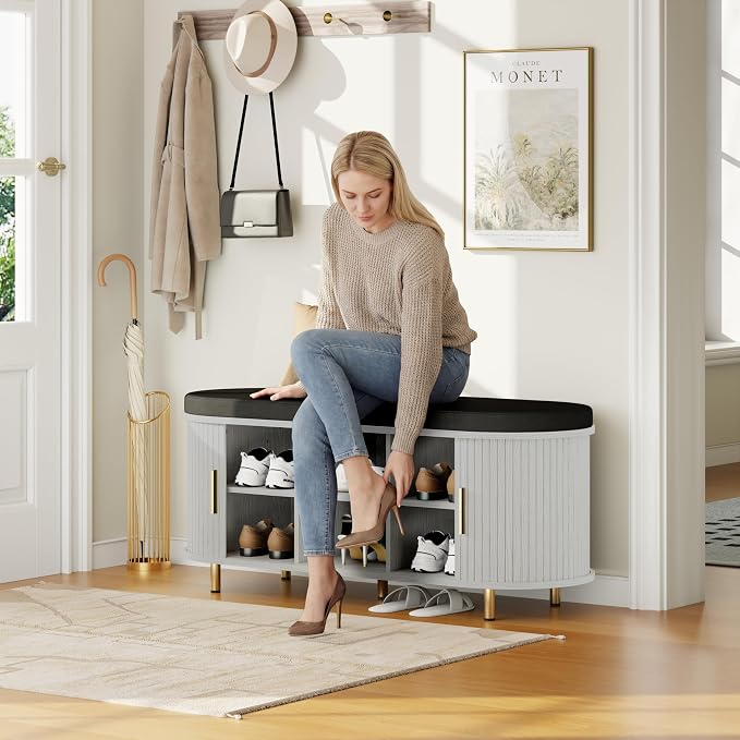 DHH 2-Tier Storage Bench,Wide Shoe Bench with Thickened Padded Seat Cushion, Mid Century Modern Fluted Sliding Door and Adjustable Shelf, for Entryway, Living Room, Bedroom (Grayish White, 43.3“)