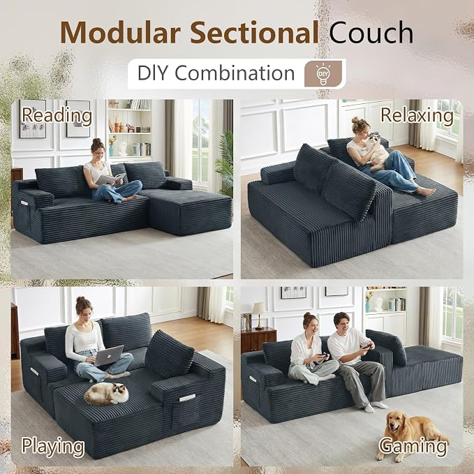 96" Cloud Sectional Couch with L-Shape Chaise, Modular Comfy Sofa Chaise Longue, Upholstered Corduroy Couches Sleeper with Deep Seat for Living Room Bedroom, No Assembly Required(Grey, Right Facing)
