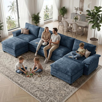 Modern U Shaped Sofa Couches for Living Room, Modular Sectional Cloud Couch with Movable Ottoman, Comfy Chenille Sofa for Apartment and Small Space, Blue