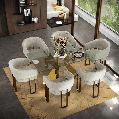 Dining Chairs Set of 6, White and Gold Barrel Boucle Dining Chairs with Arms and U-Shaped Mirrored Gold Legs, Contemporary Side Chairs for Dining Table, Kitchen and Dining Room Restaurant