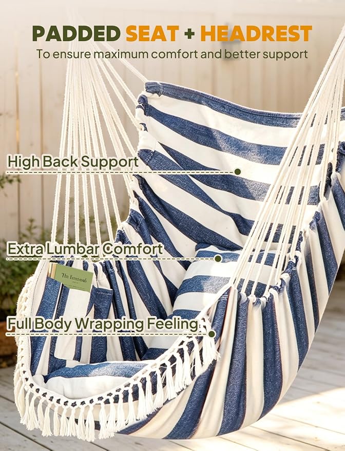 Chihee Hammock Chair Hanging Swing Max 500 Lbs 2 Cushions Included Metal Spreader Bar with Anti-Slip Grooves Portable Hanging Chair Side Pocket Large Macrame Bohemian Chair Indoor Outdoor