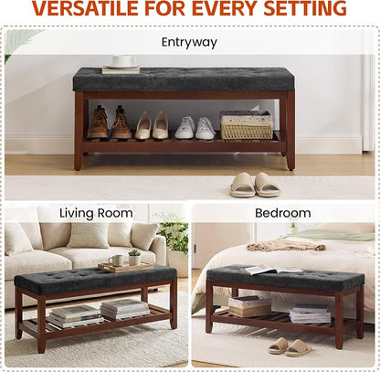 HUBSON 44" Entryway Shoe Bench, Upholstered End of Bed Bench with Solid Wood Shelf, Button Tufted Shoe Bench for Bedroom, Hallway, Living Room, Light Grey