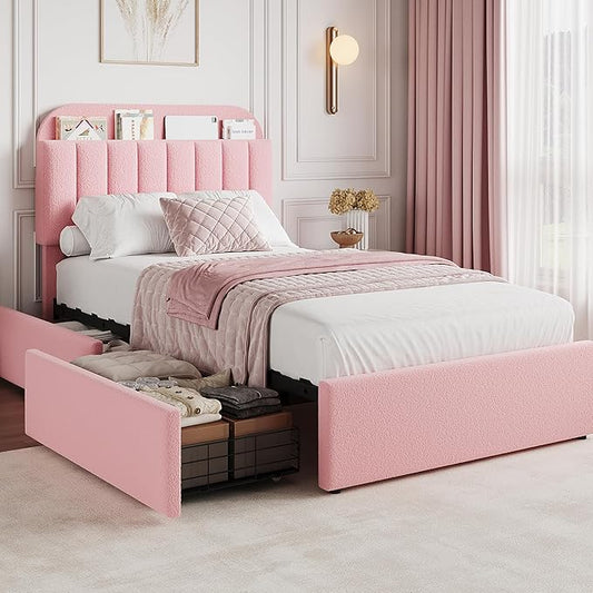 GarveeHome Twin XL Bed Frame with Storage Headboard, Girls Bed Frame with 2 Drawers, Boucle Upholstered Platform Bed with Bookcase, No Box Spring Needed, Easy Assembly, Light Pink