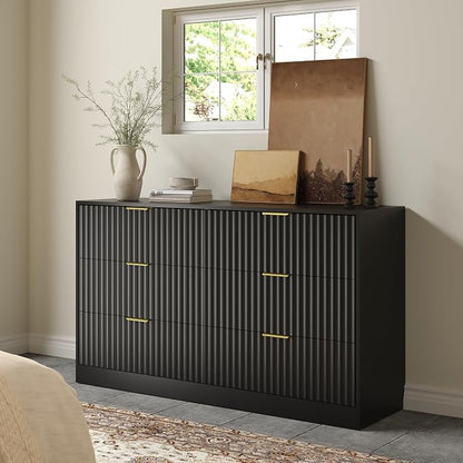 Black 6 Drawer Dresser for Bedroom, 55" Wide Fluted Chest of Drawers with Gold Metal Handles, Wood Dresser Storage Organizer Mid Century TV Stand for Living Room Closet Hallway