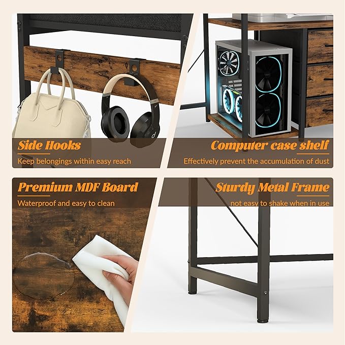 YOSHOOT 60" Computer Desk with 5 Fabric Drawers, Gaming Desk Table | Desk with Storage and Power Outlets, for Adults and Teenagers Working Writing Study, Rustic Brown
