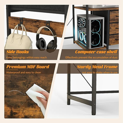 YOSHOOT 60" Computer Desk with 5 Fabric Drawers, Gaming Desk Table | Desk with Storage and Power Outlets, for Adults and Teenagers Working Writing Study, Rustic Brown