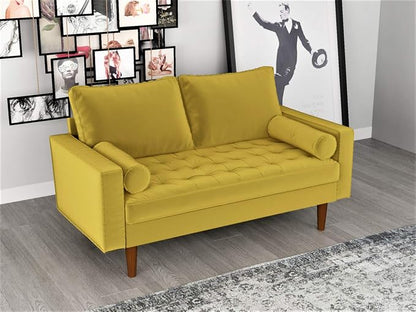 Container Furniture Direct Womble Mid Century Modern Velvet Upholstered Tufted Seat with Bolster Pillows, Loveseat, Sofa, Goldenrod
