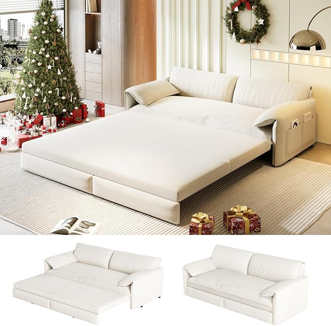 63.8" Sofa Bed Queen Size, Pull Out Couch Bed, 3-in-1 Convertible Sleeper Sofa with Side Pocket, Modern Velvet Futon Couch for Living Room, Small Space, Apartment, Bedroom, Beige