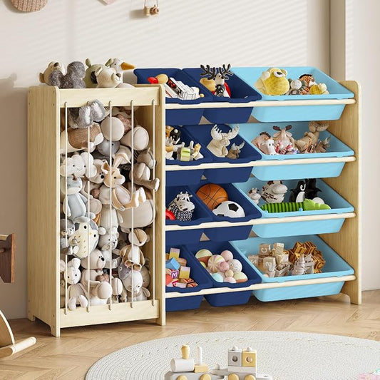 EXPERLAM Kids Toy Storage Organizer, 2-in-1 Stuffed Animal Storage & Toy Organizer w/12 Bins, Solid Wood Toy Rack Featuring Thicker Elastic Ropes, Playroom Nursery Bedroom Storage, Blue
