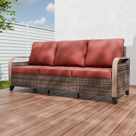 Modern Wicker Patio Sofa, Rattan Outdoor Couch for Small Balcony, 3 Seat Couch Furniture Set for Garden Deck Backyard, Brown/Red