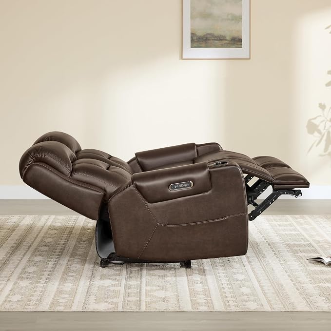 Watson & Whitely Genuine Leather Power Recliner Sofa, Lay Flat Reclining Sofa with Storage Console, Power Headrest & Cup Holders, 3 Seater Electric Reclining Couch for Living Room, Dark Brown