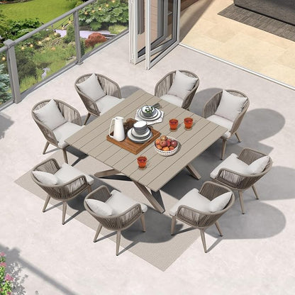 PURPLE LEAF 9 Pieces Outdoor Metal Furniture Set Patio Conversation Sets Dining Set, 1 Square Dining Table and 8 Modern Chairs with Cushions Seat Champagne